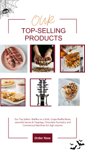 Image of best sellers for delicious treats, including Waffles on a Stick, Crepe-Waffle Mixes, Sauces & Toppings, Chocolate Fountains, and Commercial Machines.