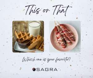 Waffle varieties for foodservice featuring classic Belgian waffles and waffle dogs made with Sagra mixes.